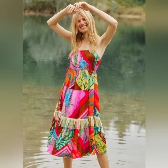 NWT FARM Rio Palila Fringe Tropical Print Bead Midi Dress - Picture 1 of 7